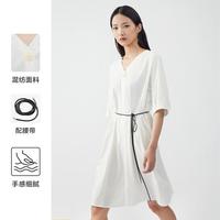 百家好旗下夏季气质V领连衣裙MB直筒气质通勤一粒扣腰带中裙子