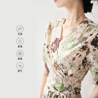 【薄荷曼波】春夏V领印花系带显瘦真丝连衣裙桑蚕丝气质长裙女