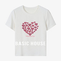 Basic House/百家好爱心亮片短袖T恤夏季字母印花减龄上衣女2024 白色 XL