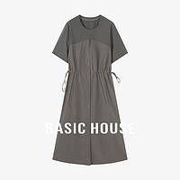 百家好（Basic House）Basic House/百家好纯色休闲收腰显瘦气质感夏季短袖连衣长裙 豆咖 L