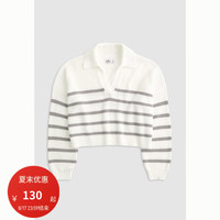 HOLLISTER秋季短款休闲落肩条纹V领针织开衫套头毛衣女KI350-4025 奶油色条纹