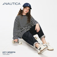 诺帝卡 NAUTICA童装男童女童长袖条纹T恤春秋季薄款卫衣美式复古重磅 藏青/白色 165cm