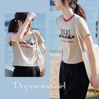 德玛纳 dme【辣妹显瘦日常】春复古撞色圆领短袖t恤女动物印花弹力女式t恤