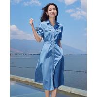 单排扣休闲牛仔连衣裙女短袖2024夏时尚收腰翻领裙子