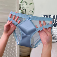 PEANOJEAN日系少女性感镂空缎面内裤女轻柔舒适网纱光面丝滑女三角裤K270 蓝色 XL【105-140】