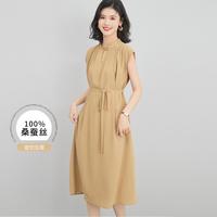 镂空连衣裙女2024夏季100%桑蚕丝压褶圆领连肩袖纯色