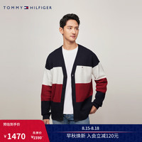 TOMMY HILFIGER【拼色开衫】24新款秋冬男蜂窝肌理拼色V领针织外套78JA830 藏青红白拼色FAP