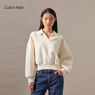 Calvin Klein Jeans24秋季女士复古休闲ck宽松V字POLO领短款卫衣J224688 YBI-牛乳白 M