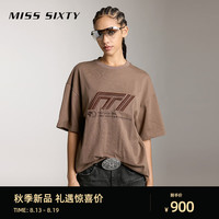 MISS SIXTY2024秋季短袖T恤女圆领宽松中长绣花赛车风休闲 啡色 L