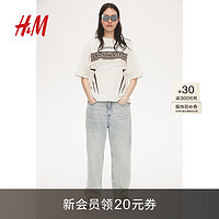 H&M女装T恤2024夏时尚柔软棉质落肩大廓形印花短袖上衣1206236 奶油色/Division Two 155/80