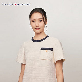 TOMMY HILFIGER24新款秋冬女时尚通勤撞色圆领后拉链直筒连衣裙WW0WW43560 米白色YBH