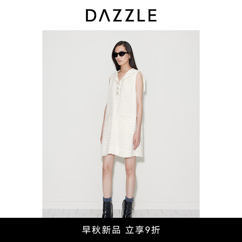 DAZZLE地素 连衣裙2024年早秋新款法式米白色粗花呢海军领短裙 米白色