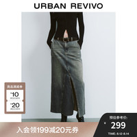 UR2024秋季新款女时髦斜开衩腰带复古水洗牛仔半裙UWJ840079 蓝色