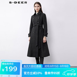 S.DEER 圣迪奥 双排扣收腰格纹毛呢大衣女装百搭款