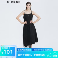 S.DEER圣迪奥女装休闲网纱拼接黑色吊带连衣裙S21281232 黑色/91 S/160