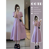 SLY TRO茶歇法式紫色连衣裙子女夏季2024温柔风收腰显瘦泡泡袖长裙子 紫罗兰 L