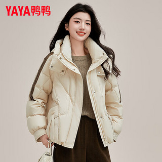 鸭鸭羽绒服鸭鸭（YAYA）羽绒服女短款2024年冬季时尚条纹连帽面包服保暖外套XH 米色 155/80A(S)