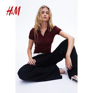 H&M2024夏季女士罗纹Polo衫1233256 酒红色 160/88