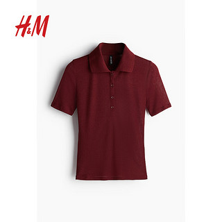 H&M2024夏季女士罗纹Polo衫1233256 酒红色 160/88