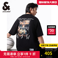 杰克·琼斯（JACK&JONES）秋季男士NBA联名勇士队休闲宽松运动圆领短袖T恤224301015 黑色E40 常规 黑色E40 190/108A/XXL