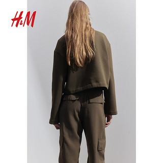 H&M2024秋季女装时尚卫衣面料短开衫1253725 深卡其绿 160/88 S