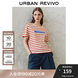 URBAN REVIVO 女装都市学院风撞色条纹刺绣短袖T恤 UWU440158 红色条纹 M