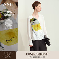 AMII2024早秋艺术印花V领双绉真丝衬衫女纯桑蚕丝长袖衬衣12443092 米白 1