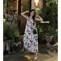 SLY TRO连衣裙水墨v领吊带连衣裙女生春夏法式宽松慵懒休闲度假碎花长裙 图片色裙子 XL