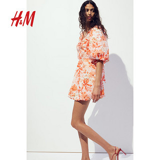 H&M2024年秋季女装海边沙滩裙后部系带泡泡连衣裙1239797 珊瑚红/花卉 170/104