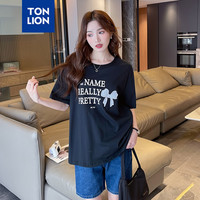 唐狮 TONLION2024夏季女圆领前胸蝴蝶结图案短袖T恤WP 黑色 M