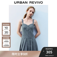 UR2024秋季新款女学院少女感绑带百褶吊带连衣裙UYL740004 灰蓝