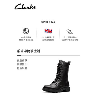 Clarks其乐Orinoco系列女士秋冬英伦交叉绑带中筒牛皮骑士靴 黑色 261636234 35.5