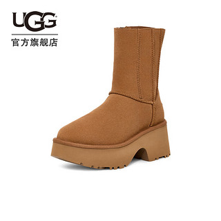 UGG 女士舒适时尚双线缝坡跟厚底短靴休闲雪地靴 1158313 栗色 36