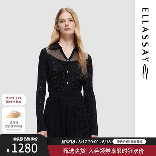 歌力思（ELLASSAY）2024秋季新款绵羊毛网纱透视气质修身针织衫女EWU353M00300 经典黑