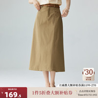茵曼（INMAN）复古通勤开叉半身裙女2024秋季百搭舒适全棉中长A字裙子 卡其色 XL