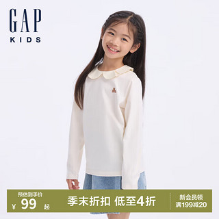 GAP女童2024初秋刺绣logo花边娃娃领针织长袖T恤儿童装617227 象牙白 120cm(6-7岁) 亚洲尺码