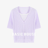 Basic House/百家好冰丝假两件拼接针织衫夏季薄款V领短袖上衣女 冰紫 XL