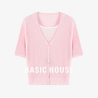 Basic House/百家好冰丝假两件拼接针织衫夏季薄款V领短袖上衣女 粉红 L