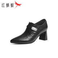 红蜻蜓 RED DRAGONFLY深口单鞋2024秋季羊皮通勤女鞋复古尖头一脚蹬高跟鞋WFB34024 黑色 35