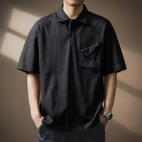 摩男志珠地纯棉美式复古宽松休闲POLO衫男2024夏季潮牌百搭翻领短袖上衣 黑色 4XL