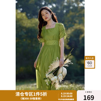 独束大码女装【双色可选】法式复古打揽收腰连衣裙胖mm夏清新裙子 抹茶绿 L
