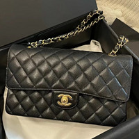 香奈儿（Chanel）女包单肩包斜挎包黑金荔枝纹CF中号奢侈品包包奢侈品 黑色