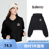 班尼路黑色连帽卫衣女春秋2024新款小个子短款宽松休闲显瘦外套潮