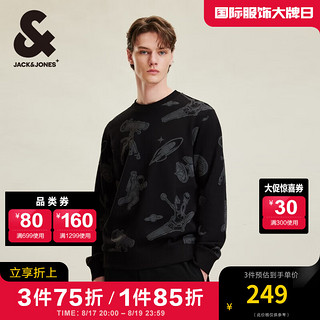 杰克·琼斯（JACK&JONES）秋季时尚百搭圆领100%纯棉上衣月球旅行主题满印套头卫衣男 E43 纯黑色 175/96A/M