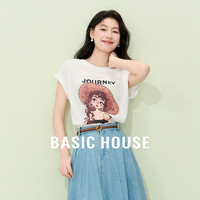 百家好（Basic House）夏日百搭休闲卡通印花设计感圆领短袖T恤 白色 L