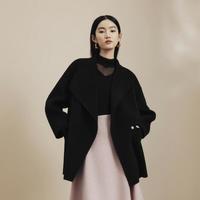 LIME FLARE莱茵斗篷式双面呢短大衣2024秋冬羊毛绒混纺外套 黑色 M