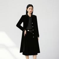 LIME FLARE莱茵丝绒风衣西装翻领风衣2024秋优雅轻奢长外套 黑色 XL