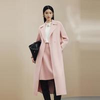 LIME FLARE莱茵羊毛混纺双面呢长大衣2024秋冬收腰过膝长外套 粉红色 2XL