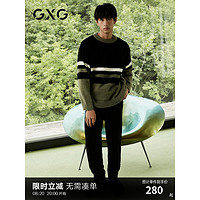 GXG男士家居套装黑绿条纹半边绒套头家居家服 黑绿色 170/M