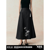 太平鸟 女士新中式刺绣马面裙24秋季中长款半身裙带流苏装饰 黑色 L